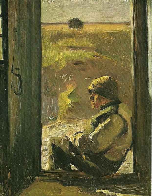 Viggo Johansen blinde- christian siddende i doren til sit hus Spain oil painting art